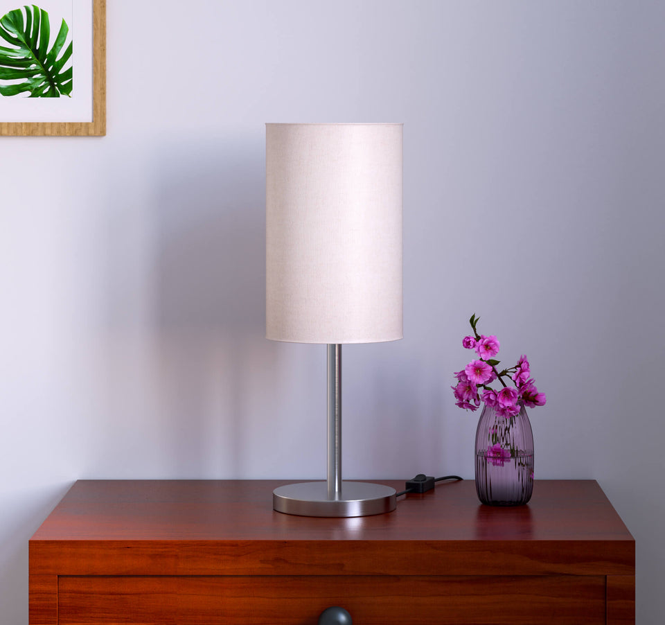 Table Lamp Silver Satin Nickel for Bedside, Living Room with Off White Cylinder Lamp Shade - Sleek Bedroom lamp 19 Inches Height