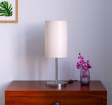 Table Lamp Silver Satin Nickel for Bedside, Living Room with Off White Cylinder Lamp Shade - Sleek Bedroom lamp 19 Inches Height