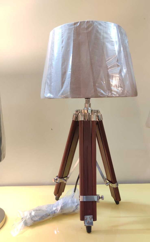 Wood Tripod Table Lamp Brown Polished Silver Nickel for Living room, Bedroom with Off White Lamp Shade - Adjustable Height