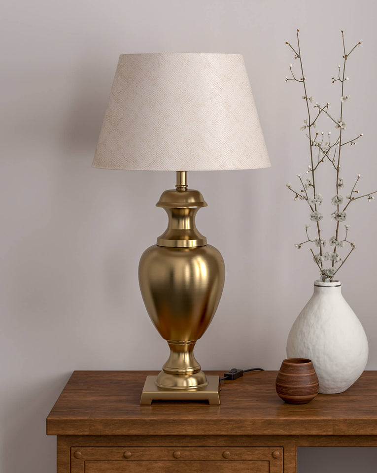 Royal Brass Antique Gold Trophy Table Lamp Off White Beige 14 inches Lampshade Bedside Stylish, Living Room, Bedroom, Home Decoration, Hotel