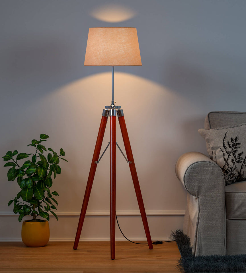 Vintage Sleek Tripod Floor Lamp Standing Brown Polished for Living Room, Bedroom- With Jute Lamp Shade
