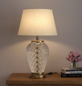 Divine Trends Glass Table Lamp Royal Brass Antique Finish Diamond Cut Glass Off White 14 inches Lampshade Bedside, Living Room, Bedroom, Home Decoration, Hotel