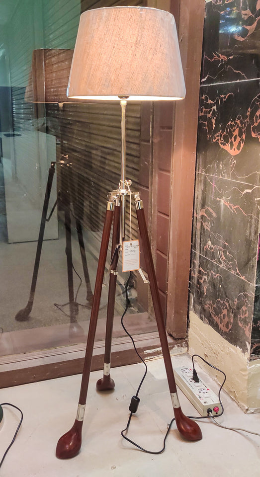 Golf Legs Tripod Floor Lamp Standing Brown Polished for Living room, Bedroom - Golf legs with Jute Lamp shade