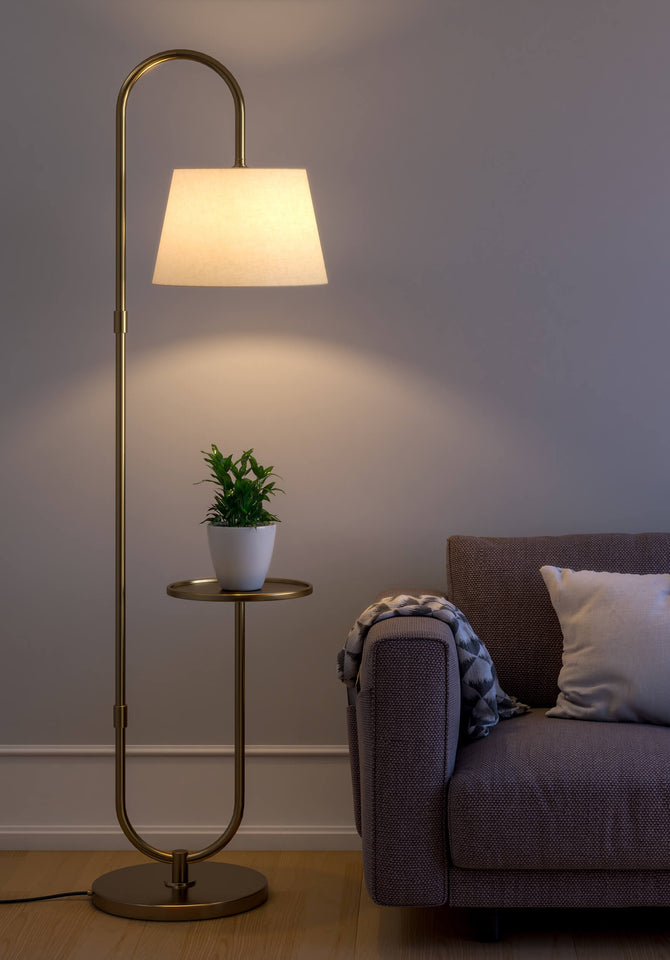 Modern Floor Lamp with Shelf for Living Room, Bedroom- Brass Antique with Off White Lamp Shade