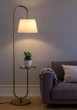 Modern Floor Lamp with Shelf for Living Room, Bedroom- Brass Antique with Off White Lamp Shade