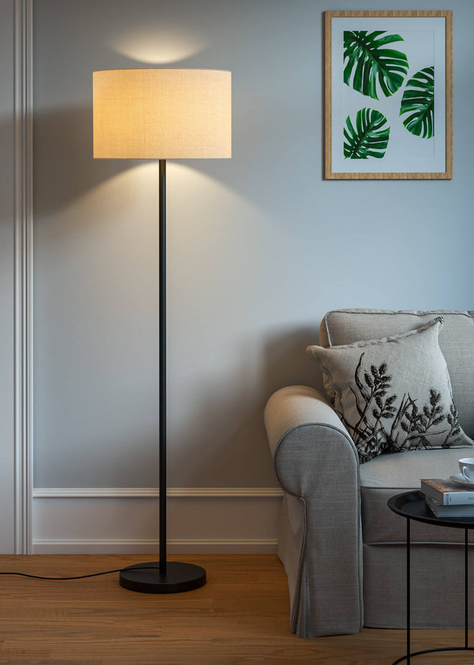 Floor Lamp Standing Black Polished for Living room, Bedroom - Modern Sleek Pedestal 5ft Height with Off White Drum Lampshade