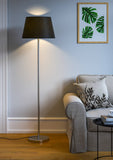 Modern Silver Floor Lamp Standing for Living Room, Bed Room- Satin Nickel, Sleek Design Pedestal 5ft Height with Black Lamp Shade