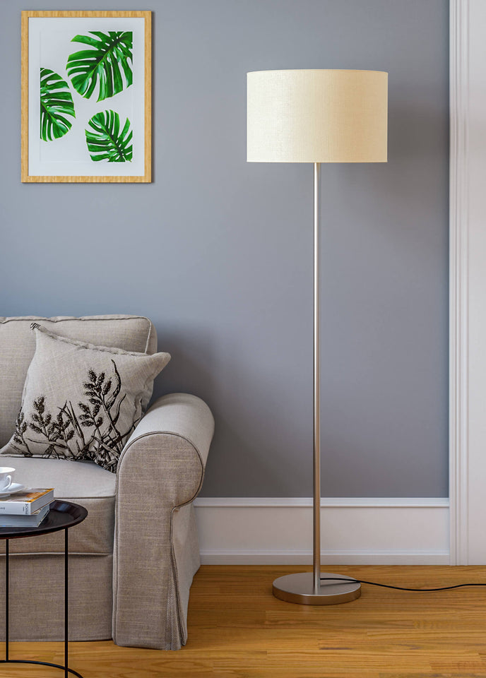 Modern Floor Lamp Standing for Living Room, Bedroom- Silver Satin Nickel, Sleek Pedestal 5ft Height with Off White Drum Lampshade