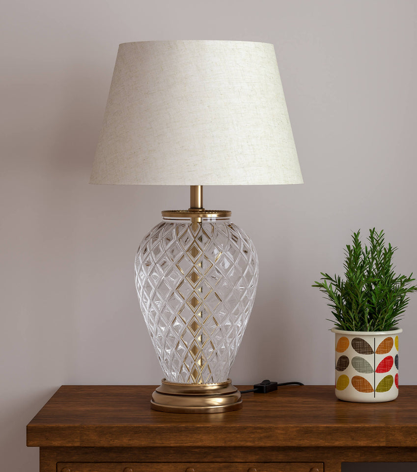 Divine Trends Glass Table Lamp Royal Brass Antique Finish Diamond Cut Glass Off White 14 inches Lampshade Bedside, Living Room, Bedroom, Home Decoration, Hotel