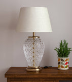 Divine Trends Glass Table Lamp Royal Brass Antique Finish Diamond Cut Glass Off White 14 inches Lampshade Bedside, Living Room, Bedroom, Home Decoration, Hotel