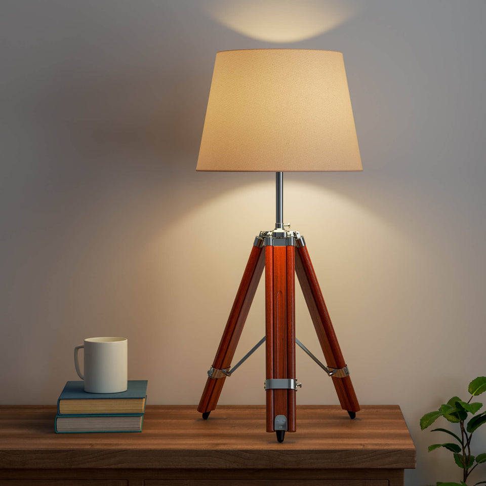 Wood Tripod Table Lamp Brown Polished Silver Nickel for Living room, Bedroom with Off White Lamp Shade - Adjustable Height