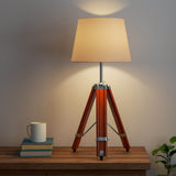 Wood Tripod Table Lamp Brown Polished Silver Nickel for Living room, Bedroom with Off White Lamp Shade - Adjustable Height