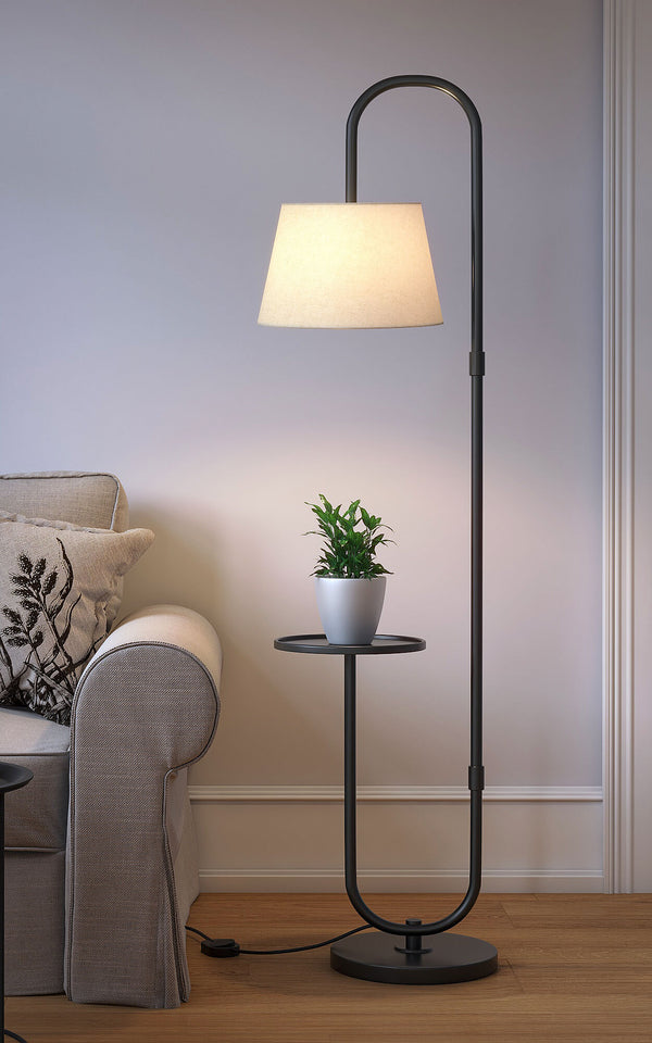 Divine Trends Modern Shelf Floor Lamp Standing Black 5ft Height with 10 Inches Shelf Diameter and Off White Lampshade
