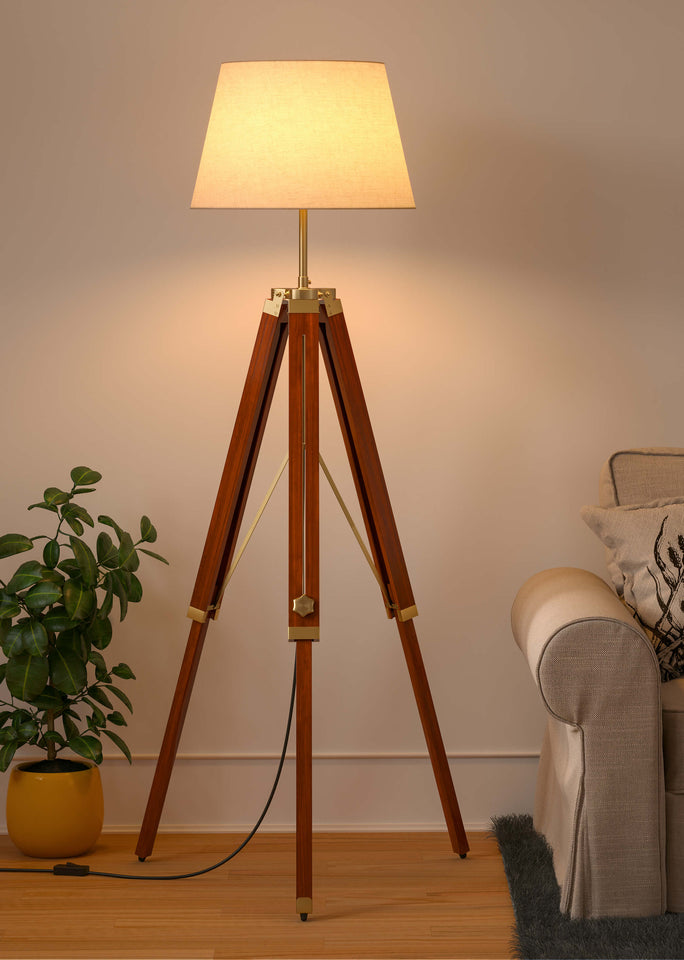 Tripod Floor Lamp Standing Brown Polished Brass Antique for Living room, Bedroom - Adjustable height with Off white Lamp shade
