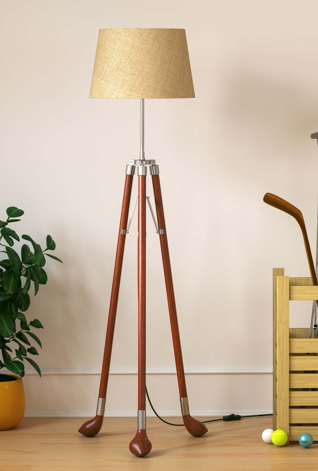 Golf Legs Tripod Floor Lamp Standing Brown Polished for Living room, Bedroom - Golf legs with Jute Lamp shade