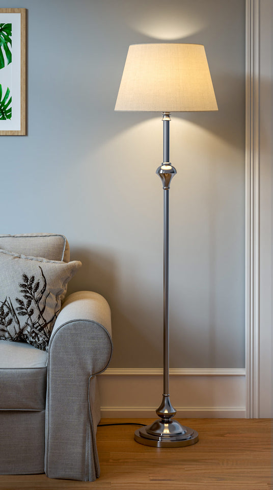 Royal Floor Lamp Standing Silver Nickel for Living room, Bedroom - 5ft Height with Off white Lamp Shade