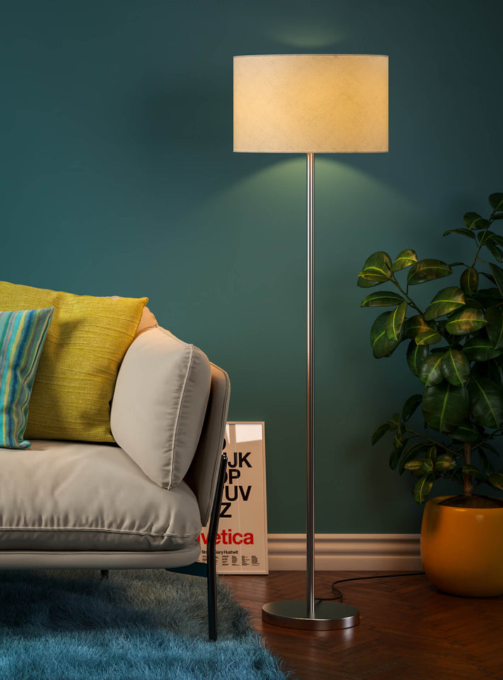 Modern Floor Lamp Standing for Living Room, Bedroom- Silver Satin Nickel, Sleek Pedestal 5ft Height with Off White Drum Lampshade