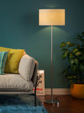 Modern Floor Lamp Standing for Living Room, Bedroom- Silver Satin Nickel, Sleek Pedestal 5ft Height with Off White Drum Lampshade