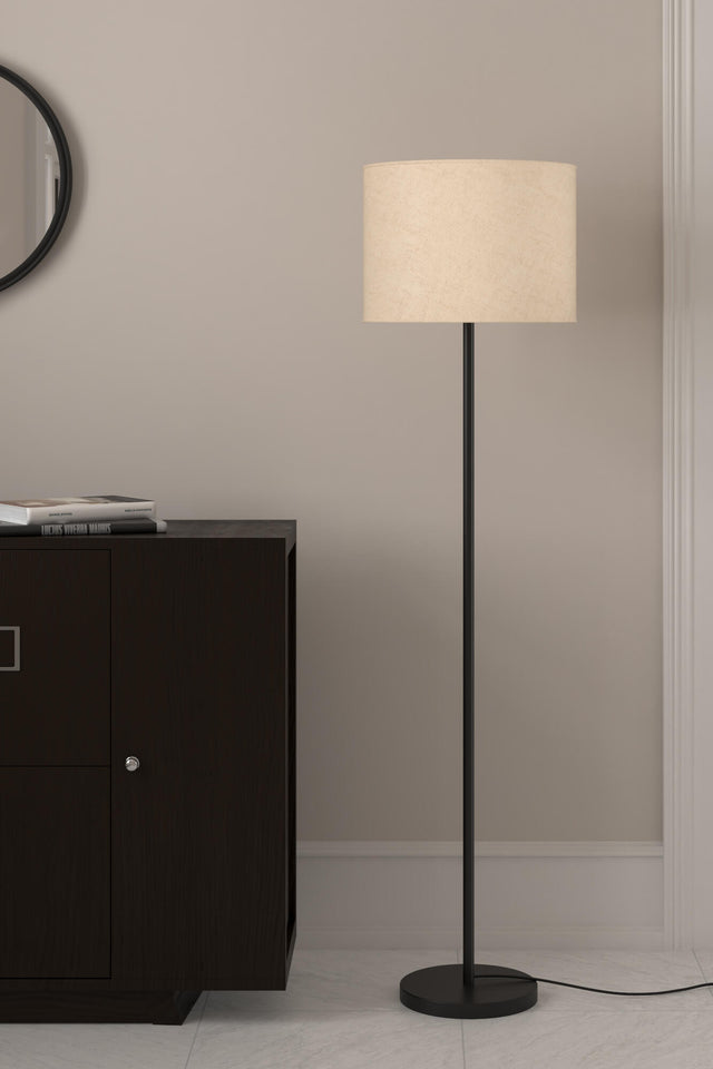 Floor Lamp Standing Black Polished for Living room, Bedroom - Modern Sleek Pedestal 5ft Height with Off White Drum Lampshade