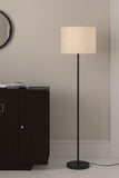 Floor Lamp Standing Black Polished for Living room, Bedroom - Modern Sleek Pedestal 5ft Height with Off White Drum Lampshade