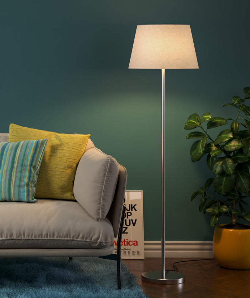 Floor Lamp Standing Modern Silver 5ft Height Off White Lampshade 16 inches Living Room Corner, Home, Hotel, Office