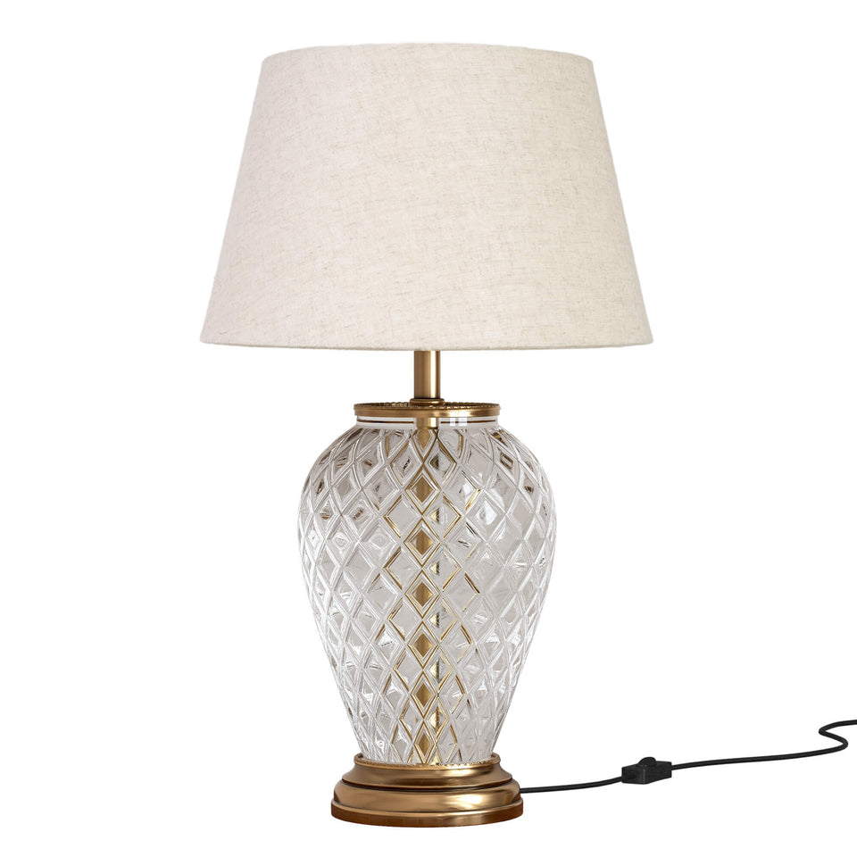 Divine Trends Glass Table Lamp Royal Brass Antique Finish Diamond Cut Glass Off White 14 inches Lampshade Bedside, Living Room, Bedroom, Home Decoration, Hotel