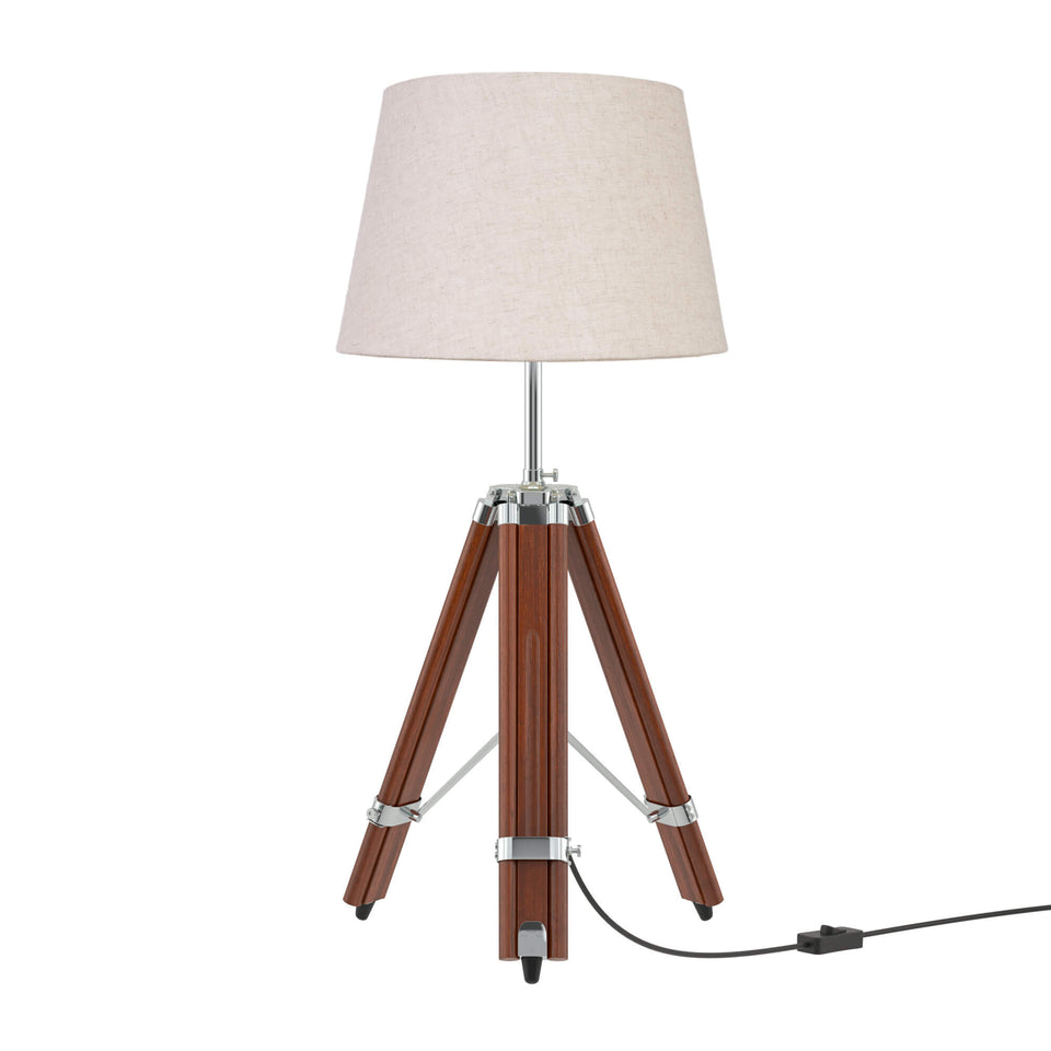 Wood Tripod Table Lamp Brown Polished Silver Nickel for Living room, Bedroom with Off White Lamp Shade - Adjustable Height