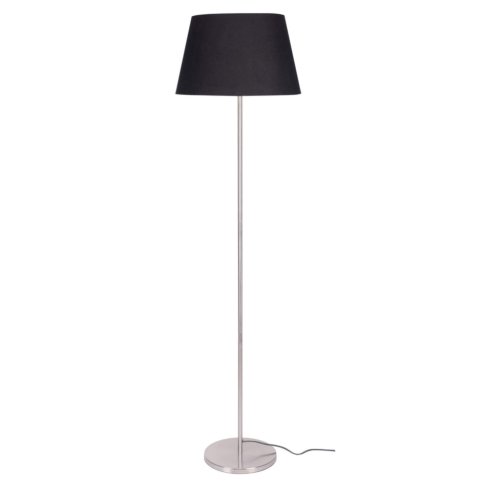 Modern Silver Floor Lamp Standing for Living Room, Bed Room- Satin Nickel, Sleek Design Pedestal 5ft Height with Black Lamp Shade