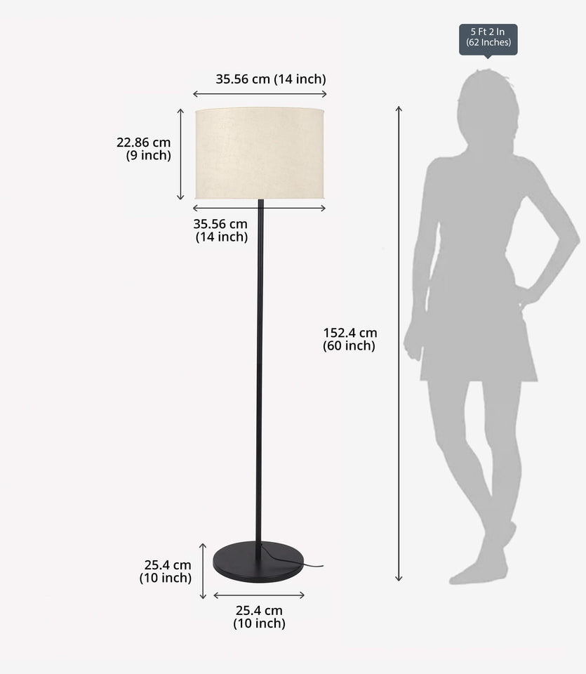 Floor Lamp Standing Black Polished for Living room, Bedroom - Modern Sleek Pedestal 5ft Height with Off White Drum Lampshade