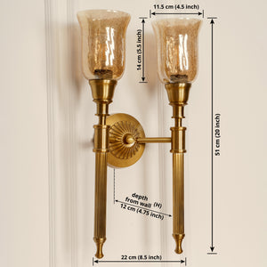Divine Trends Brass Antique Finish Double Corrugated Wall Lamp with Chimney Crackled Glass Shades
