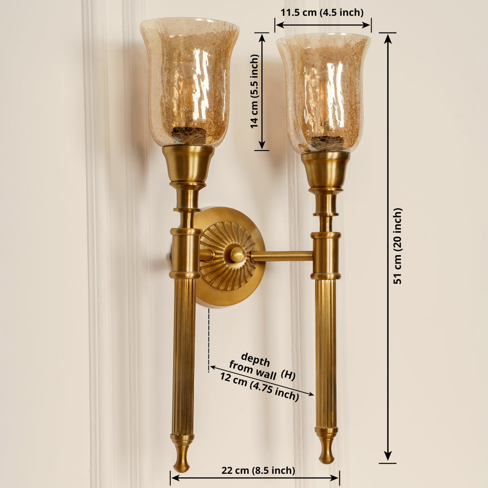 Divine Trends Brass Antique Finish Double Corrugated Wall Lamp with Chimney Crackled Glass Shades