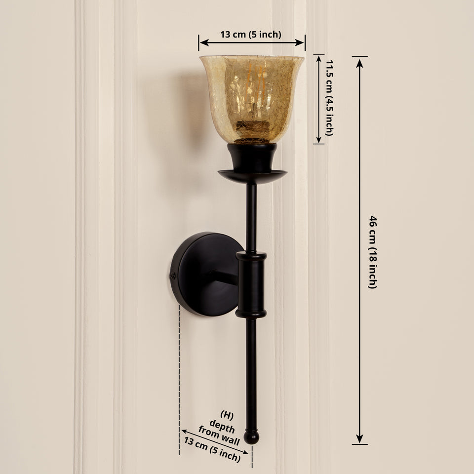 Divine Trends Black Polished Spacer Wall Lamp with Cup Crackled Glass Golden Luster Shade