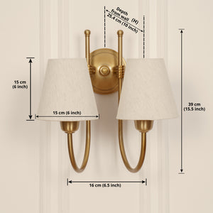 Divine Trends Brass Antique Finish Double Hockey Wall Lamp with Off White Shades