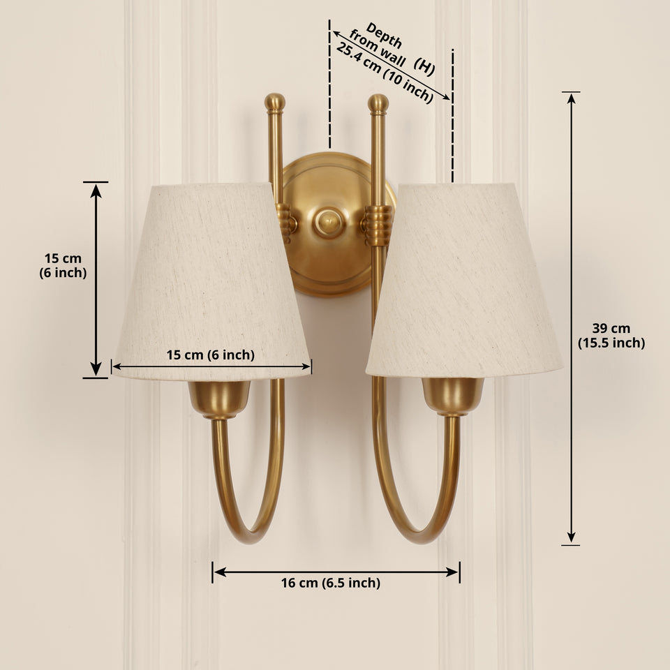 Divine Trends Brass Antique Finish Double Hockey Wall Lamp with Off White Shades