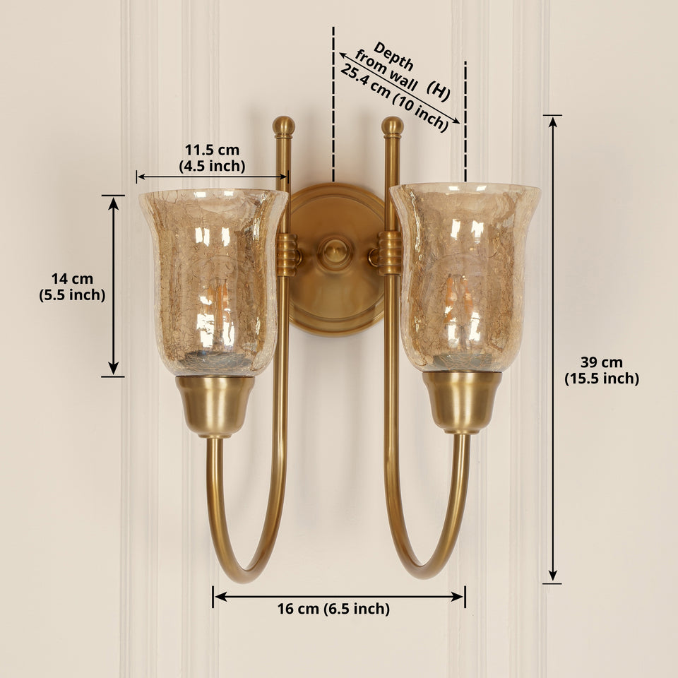Divine Trends Brass Antique Finish Double Hockey Wall Lamp with Chimney Crackled Glass Shades- Reversable Design