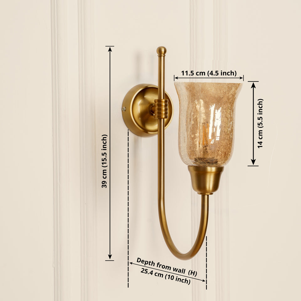 Divine Trends Brass Antique Finish Hockey Wall Lamp with Chimney Crackled Glass Shade- Reversable Design