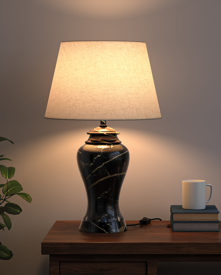 Divine Trends Magical Black Stone Look Table Lamp Height 23 Inches Off White 14 Inches Diameter Lamp Shade