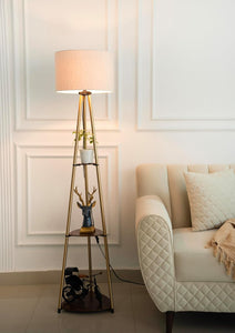 Divine Trends 3 Shelves Floor Lamp Brass Antique Finish 5 Feet Height with 14” Diameter Off White Drum Shade for Living Room, Bedroom, Home Decoration | Led Bulb Included - Pack of 1