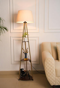 Divine Trends 3 Shelves Floor Lamp Brass Antique Finish 5 Feet Height with 16” Diameter Off White LampShade for Living Room, Bedroom, Home Decoration | Led Bulb Included - Pack of 1