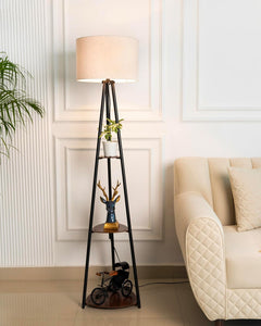 Divine Trends 3 Shelves Floor Lamp Black Polished 5 Feet Height with 14” Diameter Off White Drum Shade for Living Room, Bedroom, Home Decoration | Led Bulb Included - Pack of 1