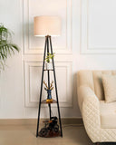 Divine Trends 3 Shelves Floor Lamp Black Polished 5 Feet Height with 14” Diameter Off White Drum Shade for Living Room, Bedroom, Home Decoration | Led Bulb Included - Pack of 1