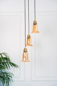 Divine Trends Brass Antique Finish Triple Pendant Hanging Glass Lamp with Fluted Flower Glass Golden Luster Shade