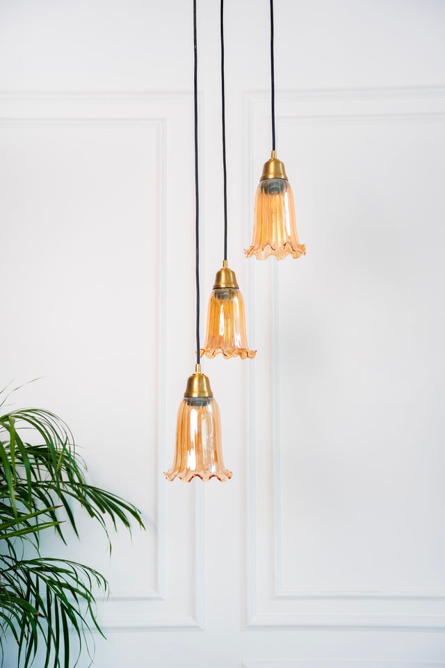 Divine Trends Brass Antique Finish Triple Pendant Hanging Glass Lamp with Fluted Flower Glass Golden Luster Shade