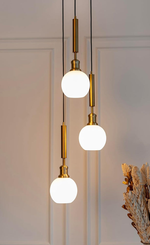 Divine Trends Triple Globe Hanging Pendant Light Antique Brass Finish with Frosted Milky White Glass | Hanging Lamp for Living Room | Chandelier Ceiling Lamp - Pack of 1