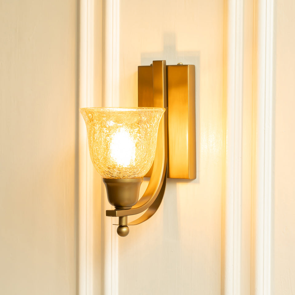 Divine Trends Brass Antique Finish J Wall Lamp with Cup Crackled Glass Golden Luster Shade