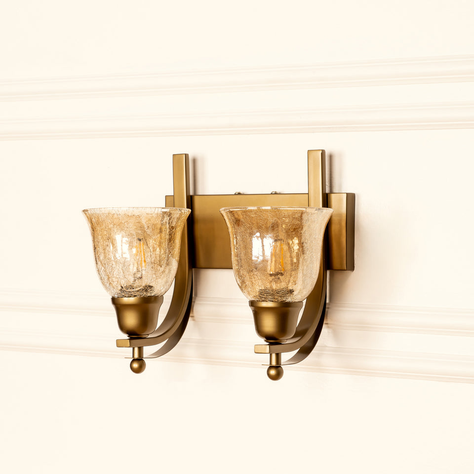 Divine Trends Brass Antique Finish Double J Wall Lamp with Cup Crackled Glass Golden Luster Shade