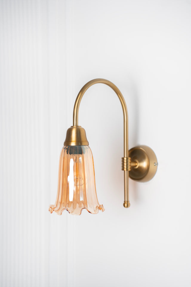 Divine Trends Brass Antique Finish Hockey Wall Lamp with Fluted Flower Golden Luster Glass- with Reversable Design