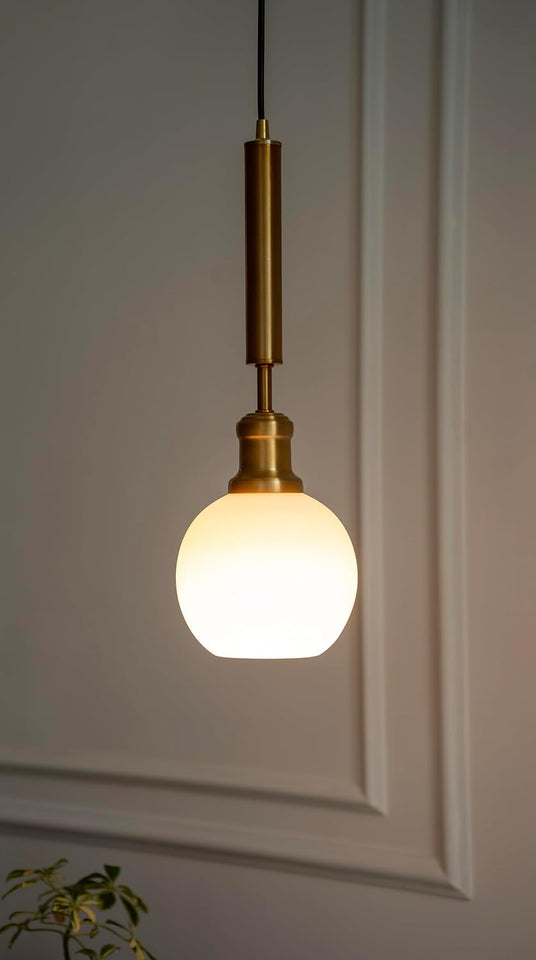 Divine Trends Globe Hanging Pendant Light Antique Brass Finish with Frosted Milky White Glass | Hanging Lamp for Living Room | Pendant Ceiling Lamp - Pack of 1