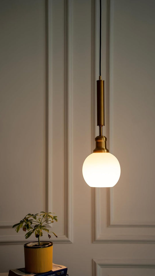 Divine Trends Globe Hanging Pendant Light Antique Brass Finish with Frosted Milky White Glass | Hanging Lamp for Living Room | Pendant Ceiling Lamp - Pack of 1