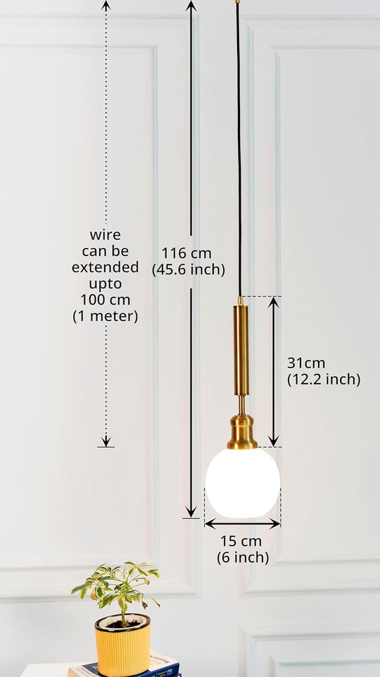 Divine Trends Globe Hanging Pendant Light Antique Brass Finish with Frosted Milky White Glass | Hanging Lamp for Living Room | Pendant Ceiling Lamp - Pack of 1